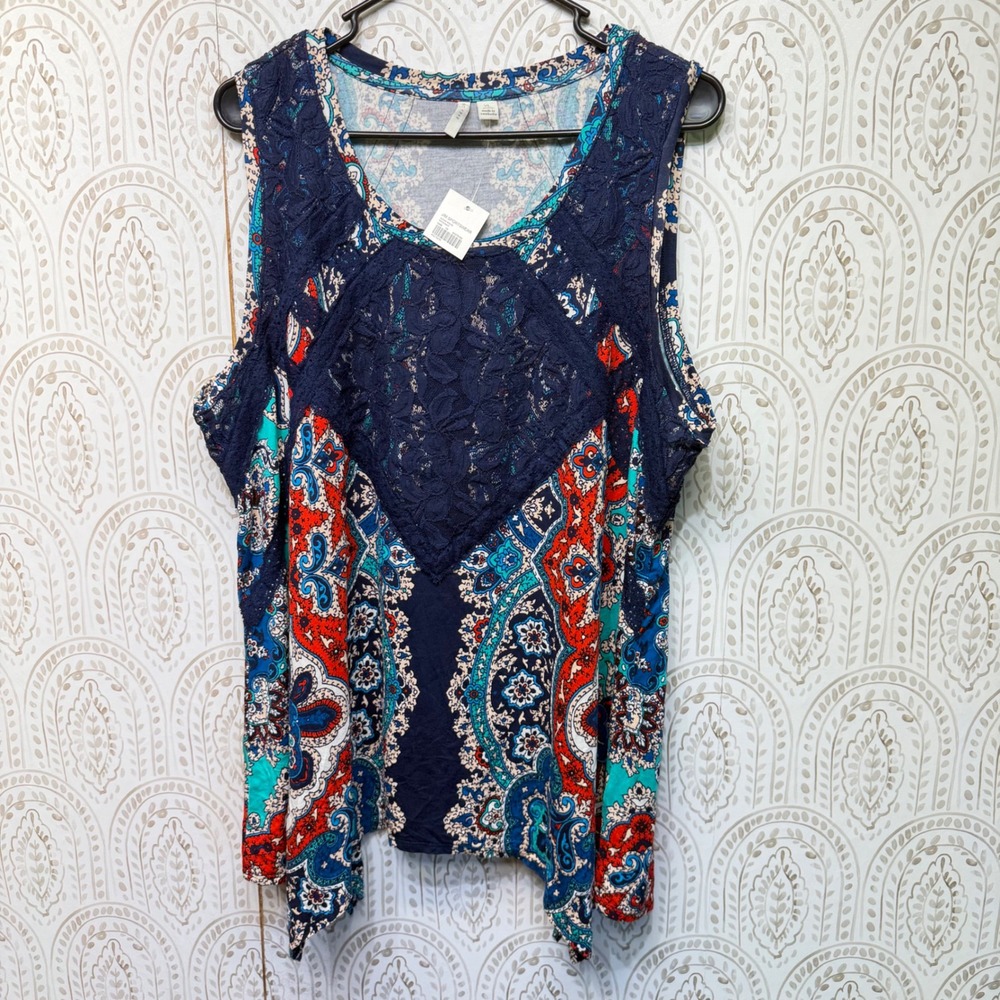 C. Est. 1946 Sleeveless‎ Top Women XL Navy Paisley Lace Sharkbite Hem Tank New